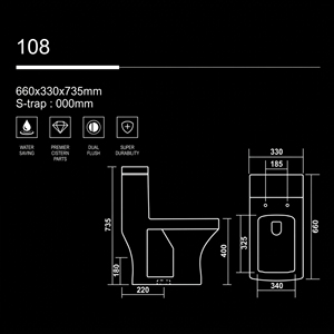 Inodoro Minimalista de Una Pieza Alargado con Doble Descarga, Botón de Pared, Montaje en Suelo, Porcelana, Sifón en S, Fácil Limpieza, Accesorio de Baño - Product Image 2