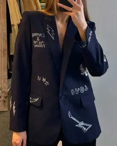 Blazer Oversize para Mujer con Gráficos de Rock y Pedrería, Azul Marino, Chaqueta de Traje con Diseño de Guitarra Eléctrica, Abrigo de Moda en Tendencia - Product Image 3