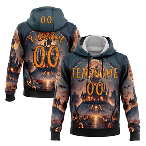 Sweat à capuche personnalisé avec impression de château d'Halloween, nom et numéro personnalisés, impression par transfert par sublimation, style décontracté pour homme, vêtements d'automne - Product Image 1