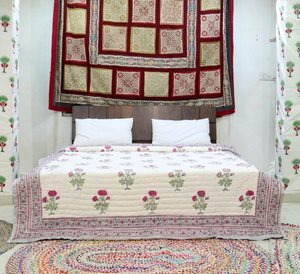 Colcha india floral rosa con estampado a mano, reversible, estilo Jaipuri Razai, de algodón, estilo bohemio. - Product Image 4