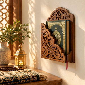 Soporte de pared para el Corán de madera negra hecho a mano con tallado geométrico islámico, venta al por mayor OEM ODM - Product Image 2