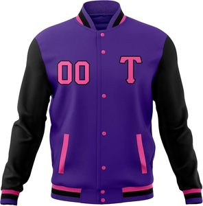 Purple Black Varsity <b>Jacket</b> Men's Preppy Style Letter T 00 <b>Pink</b> Button Front Regular Fit Autumn Wear - Product Image 1