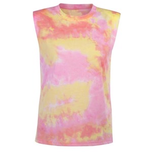 Débardeur musculaire tie-dye rose et jaune pour femme avec logo frontal, 100 % polyester, sans manches, col rond, décontracté, streetwear d'été - Product Image 1