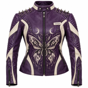 Blouson de motard pour femme en cuir véritable violet crème, avec impression artistique personnalisée motif papillon, bicolore contrastant et clouté, Fabricant - Product Image 1