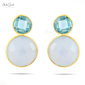 Pendientes de Plata de Ley 925 con Dos Piedras de Topacio Azul Suizo y Calcedonia Azul, Hechos a Mano, para Mujer, Piedra de Nacimiento de Diciembre - Product Image 1