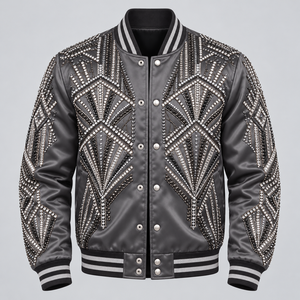 Chaqueta Bomber de Satén con Pedrería para Hombre, Chaqueta de Moda con Cristales Brillantes y Diseños de Estrellas - Product Image 1