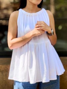 Chemisier Babydoll Vintage pour Femme en Gaze Teinte en Fil 100% Coton, Coupe Droite, Sans Manches ou à Manches Courtes, Débardeur Fluide Décontracté d'Été - Product Image 6