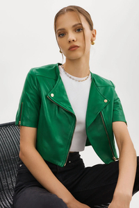 Cropped Waterproof Breathable Eco-Friendly <b>Biker</b> <b>Jacket</b> for Women Genuine Sheepskin <b>Leather</b> Motorcycle <b>Jacket</b> From Pakistan - Product Image 1