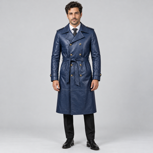 <b>Men's</b> <b>Navy</b> Blue Leather <b>Trench</b> <b>Coat</b> Long Double Breasted Belted Overcoat with Shoulder Epaulettes Classic Winter Fashion Custom - Product Image 3
