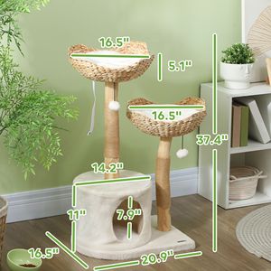 Arbre à chat moderne de 37 pouces avec poteaux à gratter en bois, niches, coussins et kit anti-basculement, incluant des balles jouets - Product Image 2