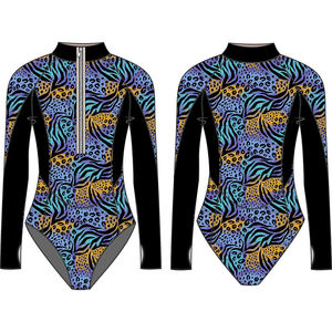 Justaucorps bleu à imprimé animal pour femme, manches longues, fermeture éclair sur le devant, taille haute, pour gymnastique et danse - Product Image 3