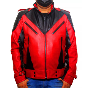 Blouson de moto en cuir PU rouge et noir pour homme, style motard, col montant, fermeture éclair, coupe ajustée, longueur standard, coupe-vent - Product Image 4
