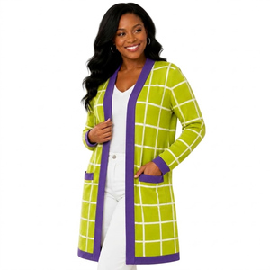 <b>Women</b> <b>Long</b> Sleeve Plaid Knit <b>Cardigan</b> O-Neck Open Front Casual Winter Wear 100% Acrylic Anti-Pilling Pockets - Product Image 3