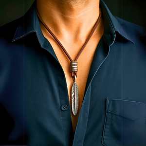 Vintage Alloy Feather Pendant Necklace with Adjustable Leather Cord for Men & Boys - Product Image 1