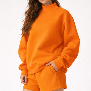 Women's Winter Two-Piece Eco-Friendly Fleece Mockneck Sweatshirt & Above-<b>Knee</b> Shorts Set Loose Fit Breathable & Quick Dry - Product Image 1