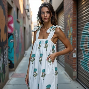 Vestido de algodón floral Besado por el sol con patrón de bloque azul verde botánico con lazos de hombro atados sin mangas para un aspecto informal ventoso - Product Image 4