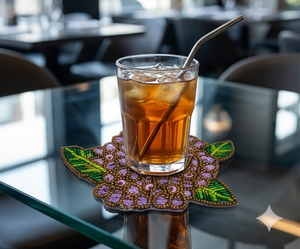 Sous-verre brodé à la main avec perles florales, motif fleur violet et or, sous-verre de luxe pour boissons, décoration de table, cadeau unique - Product Image 2