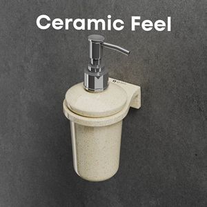 Dispensador de loción duradero para montar en la pared del baño, con soporte decorativo de resina, bomba cromada y contenedor para jabón líquido. - Product Image 2