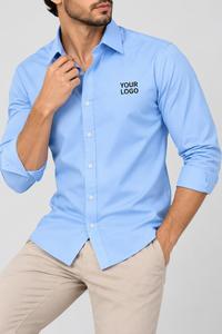 Chemise habillée unie à manches longues pour homme, col rabattu, 100 % coton popeline, infroissable, logo frontal imprimé par transfert thermique, formelle - Product Image 4
