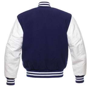 Veste de baseball Varsity pour homme en laine bleue avec manches en cuir véritable blanc – Vente en gros - Product Image 6