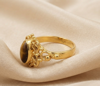 Bague en argent 925 avec pierre précieuse œil de tigre brun naturel, style marquise, vintage, bohème, filigrane, plaqué or rose et or jaune, faite à la main