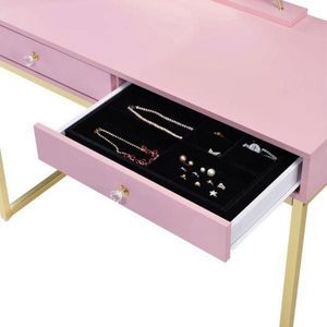 Toeletta Rosa e Oro a 2 Cassetti con Specchio e Vassoio Portagioie per Organizzazione e Conservazione del Trucco - Product Image 5