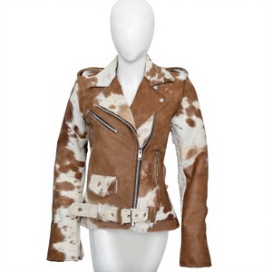 Chaqueta de Motociclista de Cuero Genuino para Mujer, con Pelo de Vaca, Color Marrón y Blanco, con Cierre, Impermeable, Tejida, para Invierno y Primavera - Product Image 3