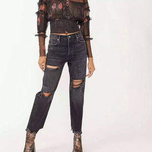 Vente en gros, Meilleure vente : Jean baggy vintage délavé à poches, taille mi-haute, jambe large pour femme, Nouvelle collection 2025, 100% Coton - Product Image 4