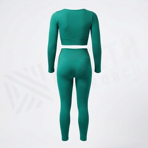 Ensemble de yoga 2 pièces pour femme, vert, col en V, haut court à manches longues froncé, leggings taille haute - Product Image 2