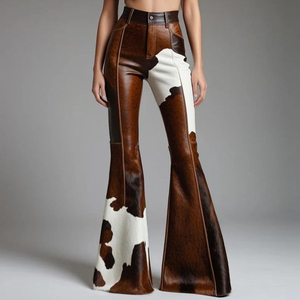 High Waisted <b>Flare</b> Pants <b>Cow</b> <b>Print</b> Spliced Leather Look Casual Autumn Style Button Fly Midweight Woven Fabric - Product Image 1