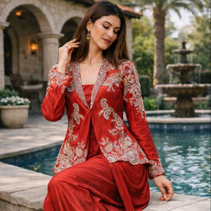 Conjunto de Chaqueta y Saree de Seda de Invierno 2026, Diseño Moderno, Bordado, Protección Solar, Sin Arrugas, para Fiestas - Product Image 1