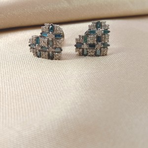 1.06 Cttw White & Blue Diamond Stud Earrings 925 Sterling Silver, Round & Baguette Cut Natural & Color-Enhanced Diamond Earrings - Product Image 2