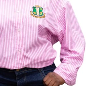 Camisa de Botones Rosa y Blanca para Mujer, Bordada, de Manga Larga, Elegante, con Logotipo Frontal, 100% Algodón Ecológico, para Todas las Temporadas - Product Image 5