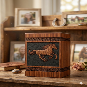 Wooden Cremation Urn Adult <b>Memorial</b> <b>Keepsake</b> Carved Horse Pattern Brown Desktop Funeral Supply - Product Image 1