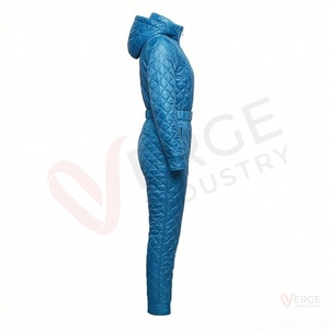 <b>Women</b> Blue Quilted Zip Up Hooded Jumpsuit Long Sleeve Belted Romper - Product Image 4