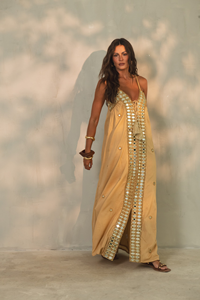 Women Beige Gold Embroidered V-neck Ruffles Boho Maxi Dress Luxury Resort Wear <b>Spaghetti</b> <b>Strap</b> Long Cotton Eco Friendly High - Product Image 2