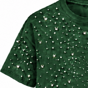Camiseta Verde Bosque Unisex con Perlas, Cuello Redondo, Manga Corta, Adornada con Perlas, Personalizada, Informal, a la Moda, Estilo Urbano - Product Image 6