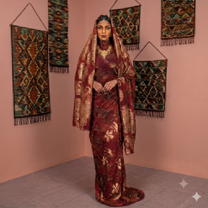 Châle Fransawi Dirac marron doré à imprimé floral et jacquard doré |   Vêtements de cérémonie somaliens de luxe - Product Image 2
