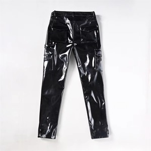 <b>Men's</b> <b>Black</b> Leather Coated Breathable Lightweight Casual Winter <b>Cargo</b> <b>Pants</b> Mid Waist Straight Fit Multiple Pockets Zipper Fly - Product Image 1