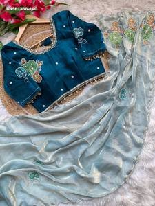 Magnifique sari en satin de soie fantaisie avec perles Khatli et travail artisanal en filet Butta - Bordure Cutdana - Blouse Khatli - Mode féminine - Product Image 5