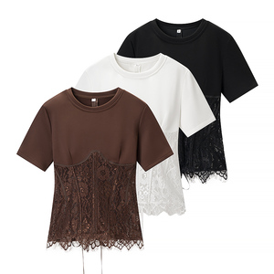 Crew Neck Short Sleeve Solid Color Lace <b>Crop</b> <b>Top</b> Women Casual Blouse Shirt Spring Summer Fashion <b>Tops</b> - Product Image 1