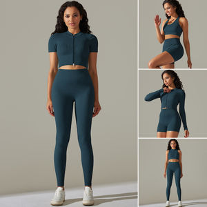Ensemble de sport 3 pièces pour femme à séchage rapide, respirant et uni : Legging, veste de compression à manches longues et brassière de sport pour le yoga et la gym - Product Image 3