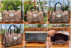 Exclusive Customizable Hand <b>Tooled</b> Genuine <b>Leather</b> Travel Duffle Bag with Intricate Floral & Card Design for Outdoor Use - Product Image 3