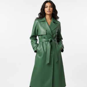 Unisex Long Leather <b>Trench</b> Outerwear Genuine Hide Button Front Wide Lapel Collar Waist Belt Full Length Winter Fashion <b>Coat</b> - Product Image 4