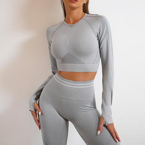 Women's Breathable Knitted Seamless Gym Yoga Set <b>Nude</b> Fitness Sports Crop with Long Sleeves Casual Print Style for Spring Season - Product Image 4