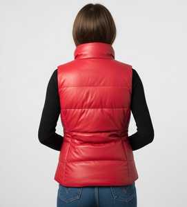 Gilet matelassé rouge sans manches pour femme, fermeture éclair, col montant, couleur unie, doudoune d'hiver en polyester - Product Image 3