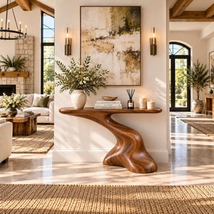 Mesa Consola Artesanal de Madera Maciza con Chapa de Madera, Estilo Rústico, para Entrada, Sala de Estar, Pasillo, Detrás del Sofá, Apartamento - Product Image 4