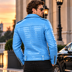 Men's Blue for Embossed Leather Biker <b>Jacket</b> | Breathable <b>Vintage</b> Winter <b>Motorcycle</b> <b>Jacket</b> Belt Zipper Pockets Lapel - Product Image 4