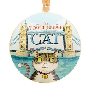 Adorno Navideño Redondo de Metal con Escena de Gato en el Puente de Londres, Decoración Azul para Colgar en el Árbol de Navidad - Product Image 2
