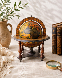 Globe terrestre rustique vintage avec carte antique, sur pied en bois, décoration historique de voyage pour bureau, bibliothèque, maison - Product Image 1